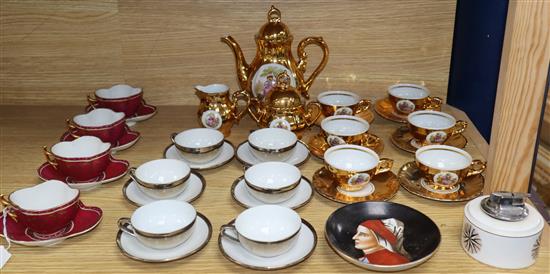 Four Austrian porcelain cups and saucers, a gilt coffee service, an Italian saucer dish and sundries